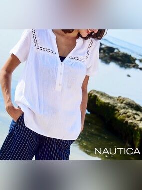 Nautica White Cotton Gauze Top; NWT, Sz. S